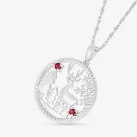 Reindeer Womens Lab Created Red Ruby Sterling Silver Circle Pendant Necklace