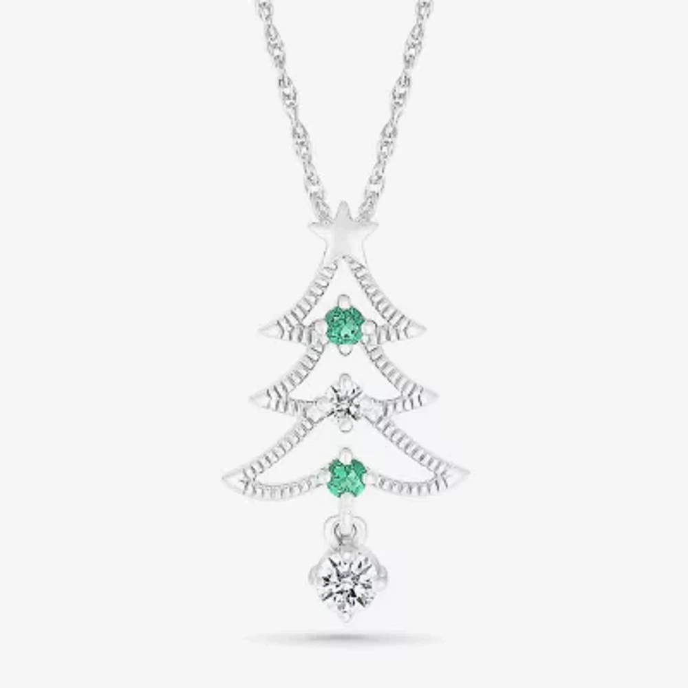 Christmas Tree Womens Lab Created Green Emerald Sterling Silver Pendant Necklace