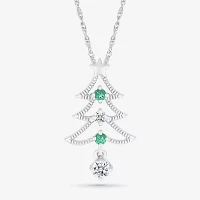 Christmas Tree Womens Lab Created Green Emerald Sterling Silver Pendant Necklace