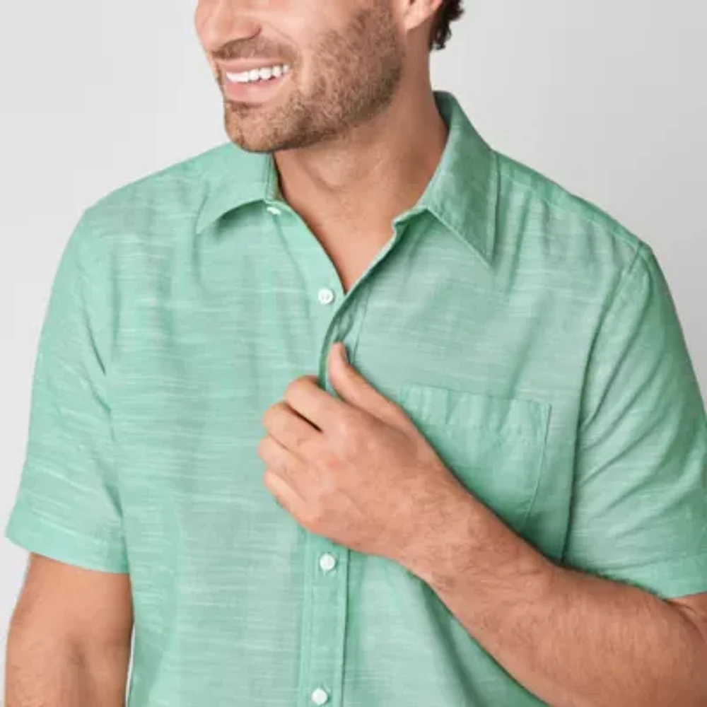 St. John's Bay Slub Mens Classic Fit Short Sleeve Button-Down Shirt