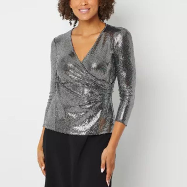Black Label by Evan-Picone Womens V Neck 3/4 Sleeve Sequin Wrap Shirt |  Vancouver Mall