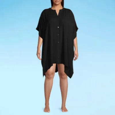 Outdoor Oasis Button Front Coverup Plus Womens Dress Swimsuit Cover-Up Plus