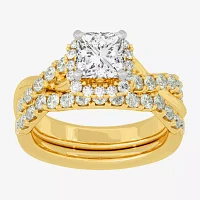 H-I / Si1-Si2) Womens / CT. T.W. Lab Grown White Diamond 10K Gold Cushion Side Stone Halo Bridal Set