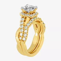 H-I / Si1-Si2) Womens / CT. T.W. Lab Grown White Diamond 10K Gold Cushion Side Stone Halo Bridal Set