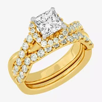 H-I / Si1-Si2) Womens / CT. T.W. Lab Grown White Diamond 10K Gold Cushion Side Stone Halo Bridal Set