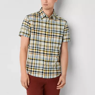 mutual weave Mens Easy-on + Easy-off Adaptive Regular Fit Short Sleeve Plaid Button-Down Shirt