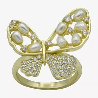 Sparkle Allure Cubic Zirconia Simulated Pearl 14K Gold Over Brass Butterfly Cocktail Ring