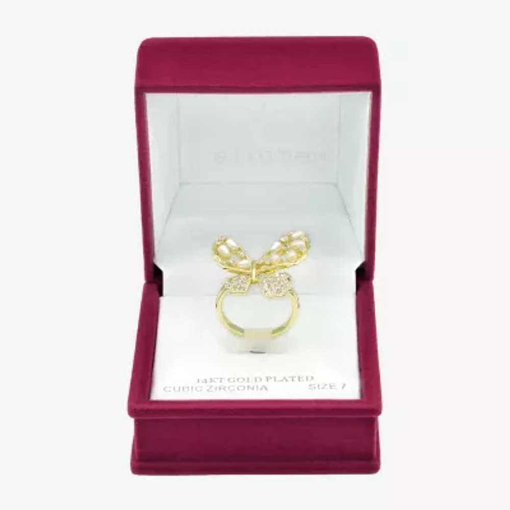 Sparkle Allure Cubic Zirconia Simulated Pearl 14K Gold Over Brass Butterfly Cocktail Ring