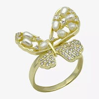 Sparkle Allure Cubic Zirconia Simulated Pearl 14K Gold Over Brass Butterfly Cocktail Ring