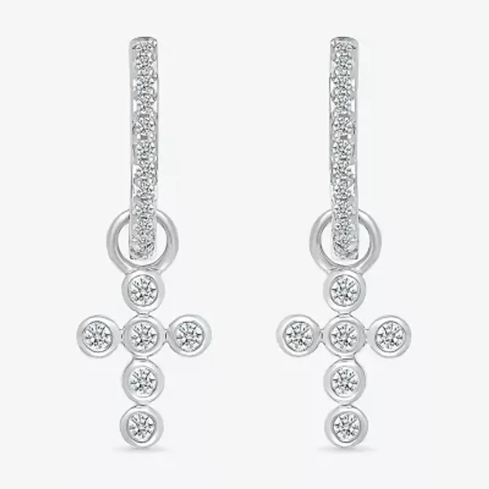 1/5 CT. Natural White Diamond Sterling Silver 28mm Cross Hoop Earrings
