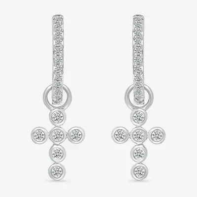 1/5 CT. Natural White Diamond Sterling Silver 28mm Cross Hoop Earrings