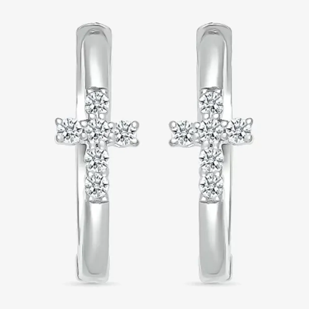 1/8 CT. T.W. Natural White Diamond Sterling Silver 15.8mm Cross Hoop Earrings
