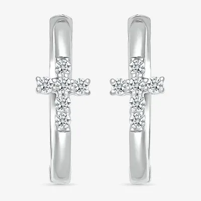1/8 CT. T.W. Natural White Diamond Sterling Silver 15.8mm Cross Hoop Earrings