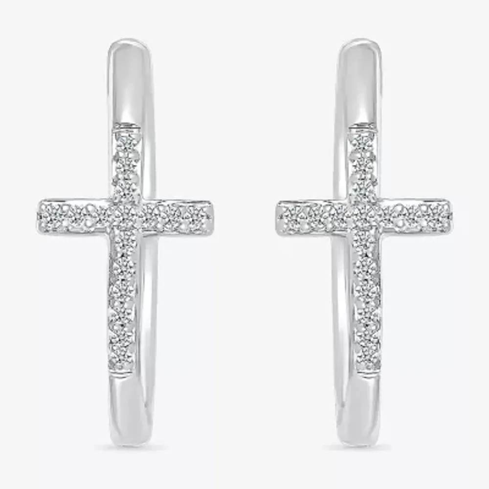 1/6 CT. T.W. Natural White Diamond Sterling Silver 20.3mm Cross Hoop Earrings