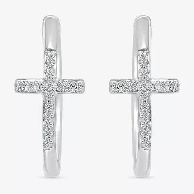 1/6 CT. T.W. Natural White Diamond Sterling Silver 20.3mm Cross Hoop Earrings