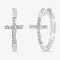 1/6 CT. T.W. Natural White Diamond Sterling Silver 20.3mm Cross Hoop Earrings