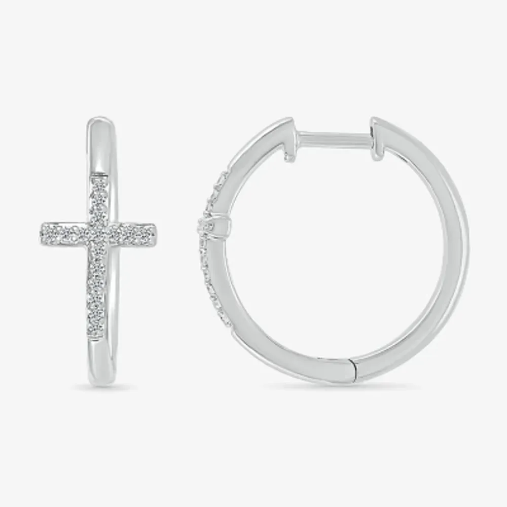 1/6 CT. T.W. Natural White Diamond Sterling Silver 20.3mm Cross Hoop Earrings