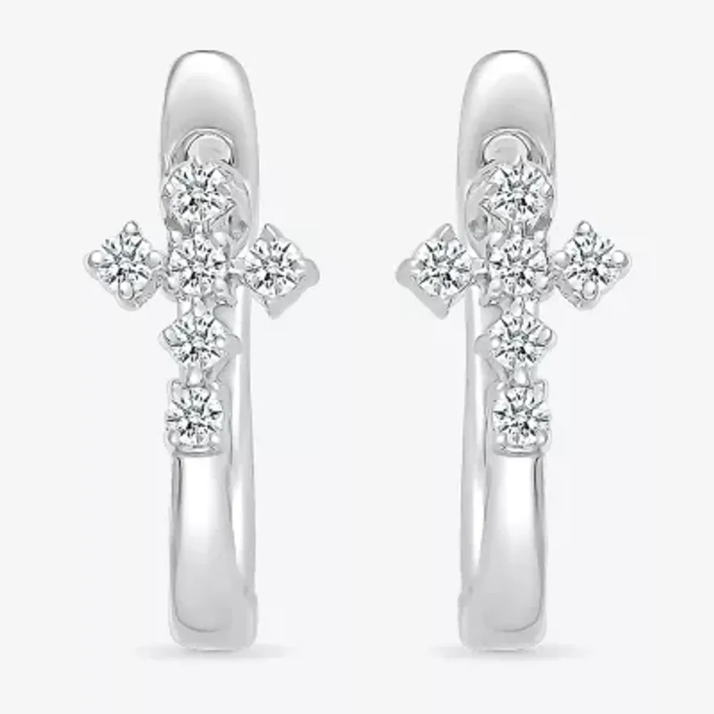 1/6 CT. T.W. Natural White Diamond Sterling Silver 15.5mm Cross Hoop Earrings