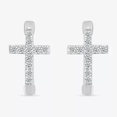 1/5 CT. Natural White Diamond Sterling Silver 14.3mm Cross Hoop Earrings
