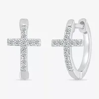 1/5 CT. T.W. Natural White Diamond Sterling Silver 14.3mm Cross Hoop Earrings