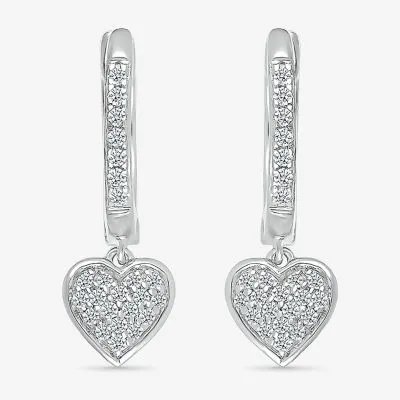 Womens 1/5 CT. Natural White Diamond Sterling Silver 20.1mm Heart Hoop Earrings