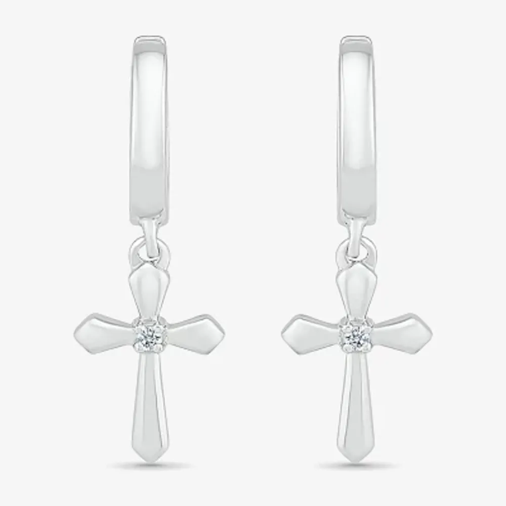 Diamond Accent Natural White Diamond Sterling Silver 28mm Cross Hoop Earrings