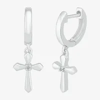 Diamond Accent Mined White Diamond Sterling Silver 28mm Cross Hoop Earrings