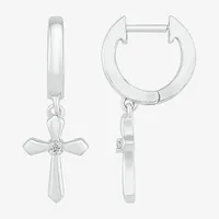 Diamond Accent Mined White Diamond Sterling Silver 28mm Cross Hoop Earrings