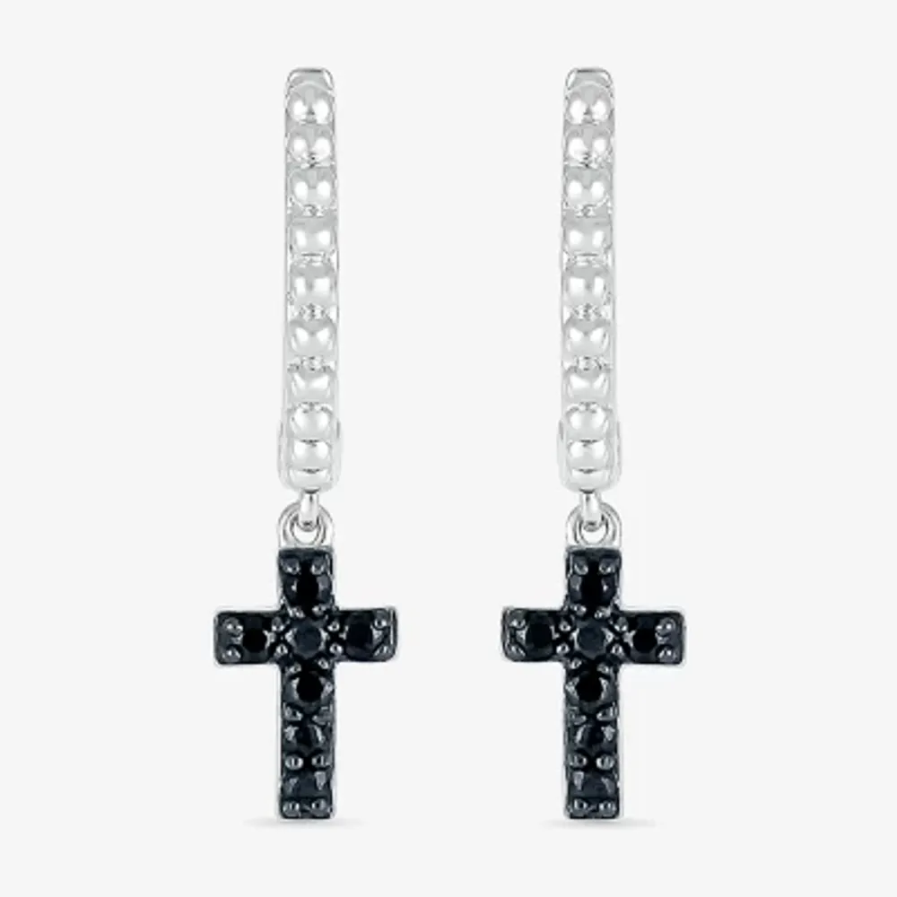 1/6 CT. T.W. Natural Black Diamond Sterling Silver 24mm Cross Hoop Earrings