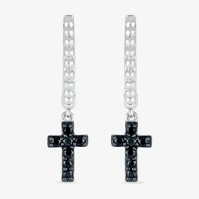 1/6 CT. T.W. Natural Black Diamond Sterling Silver 24mm Cross Hoop Earrings