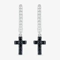 1/6 CT. T.W. Natural Black Diamond Sterling Silver 24mm Cross Hoop Earrings