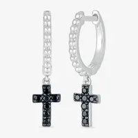 1/6 CT. T.W. Natural Black Diamond Sterling Silver 24mm Cross Hoop Earrings