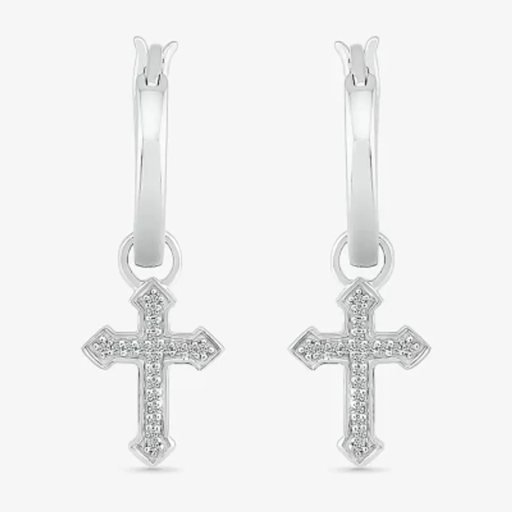 Diamond Accent Natural White Diamond Sterling Silver 25.1mm Cross Hoop Earrings