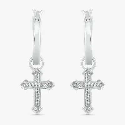 Diamond Accent Natural White Diamond Sterling Silver 25.1mm Cross Hoop Earrings