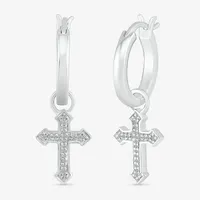 Diamond Accent Natural White Diamond Sterling Silver 25.1mm Cross Hoop Earrings