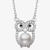 Owl Womens White Cultured Freshwater Pearl Sterling Silver Pendant Necklace