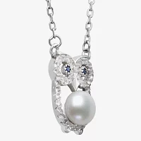 Owl Womens White Cultured Freshwater Pearl Sterling Silver Pendant Necklace