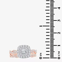 Signature By Modern Bride 1 CT.T.W. Natural Diamond Cushion Shape Side Stone Halo Bridal Set 10K or 14K Gold