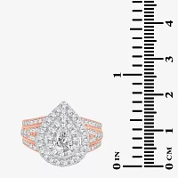 (H-I / SI1-SI2) Signature By Modern Bride Womens 2 CT. T.W. Lab Grown White Diamond 10K Gold Pear Side Stone Halo Engagement Ring