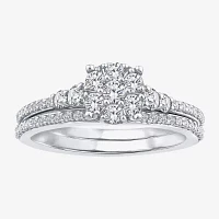 Womens 3/4 CT. T.W. Natural White Diamond 10K White Gold Halo Bridal Set