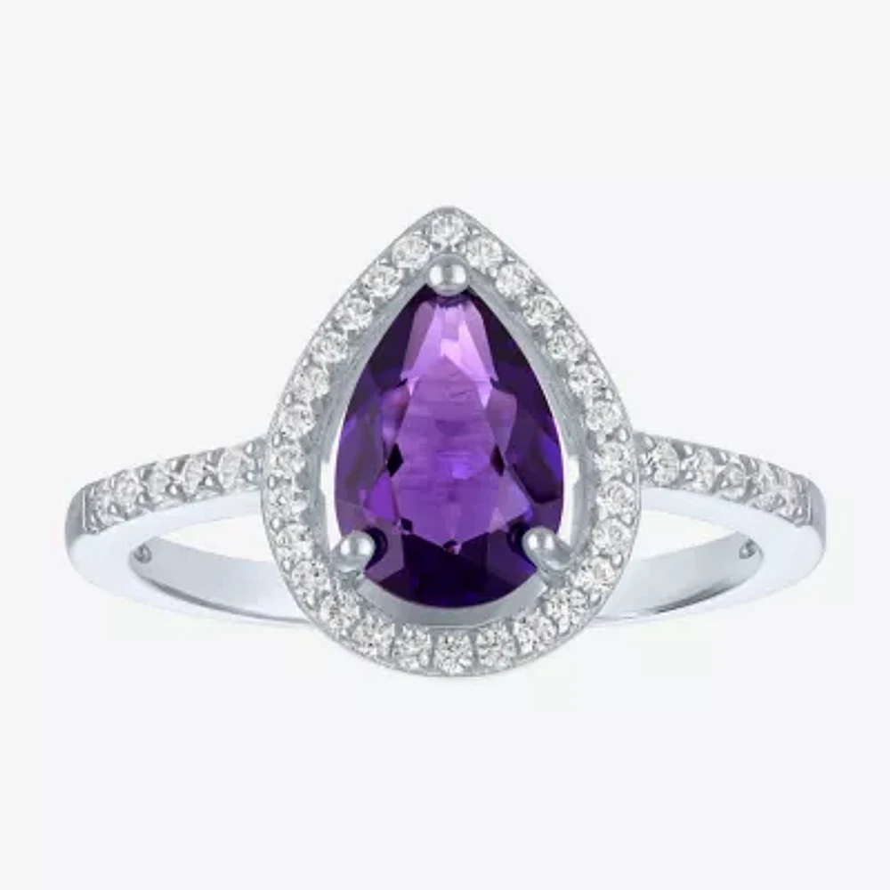 Yes, Please! Womens Lab Created Purple Amethyst Sterling Silver Pear Halo Side Stone Cocktail Ring