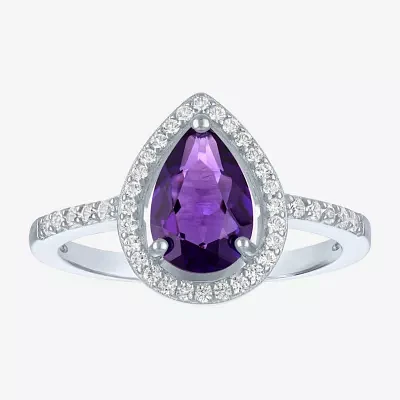 Yes, Please! Womens Lab Created Purple Amethyst Sterling Silver Pear Halo Side Stone Cocktail Ring