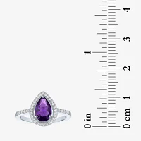 Yes, Please! Womens Lab Created Purple Amethyst Sterling Silver Pear Halo Side Stone Cocktail Ring