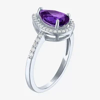 Yes, Please! Womens Lab Created Purple Amethyst Sterling Silver Pear Halo Side Stone Cocktail Ring