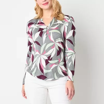 Liz Claiborne Womens Split Crew Neck Long Sleeve Blouse