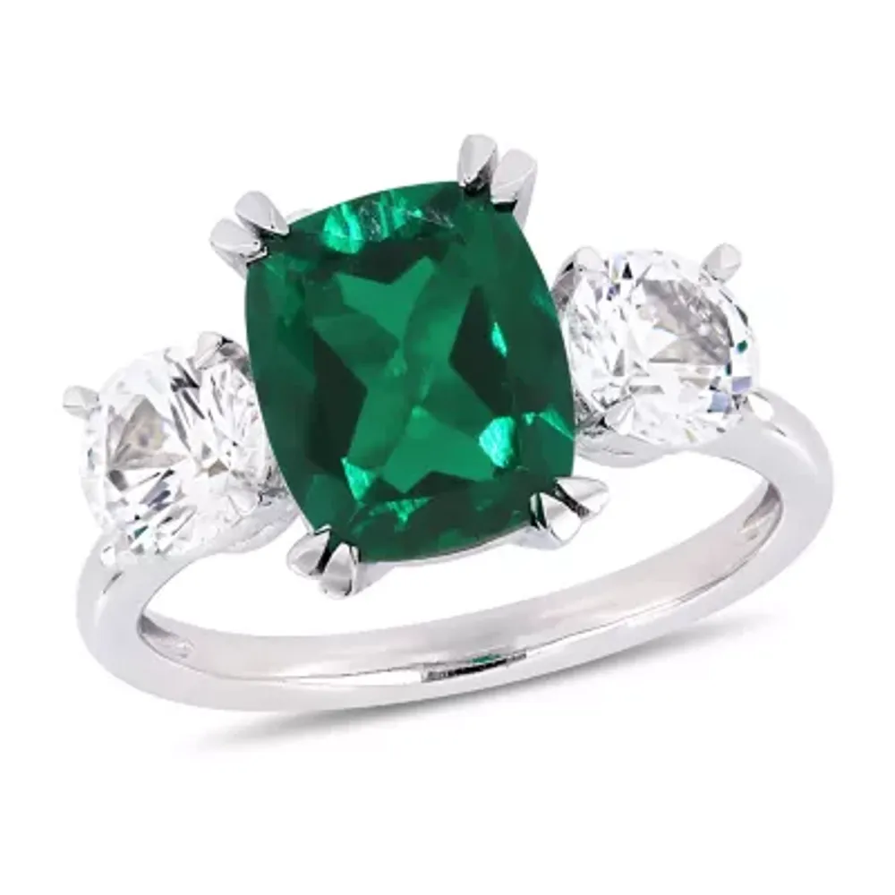 Womens Lab Created Green Emerald 10K White Gold 3-Stone Cocktail Ring