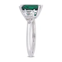 Womens Lab Created Green Emerald 10K White Gold 3-Stone Cocktail Ring