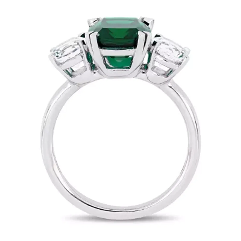 Womens Lab Created Green Emerald 10K White Gold 3-Stone Cocktail Ring