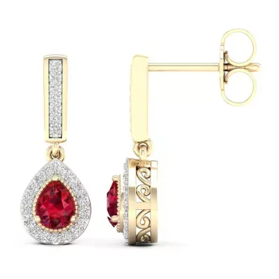 Lead Glass-Filled Red Ruby 10K Gold Drop Earrings