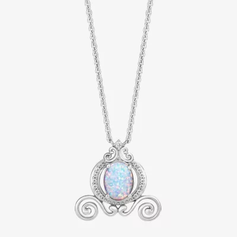 Enchanted Disney Fine Jewelry Womens Diamond Accent Lab Created White Opal Sterling Silver Cinderella Princess Pendant Necklace